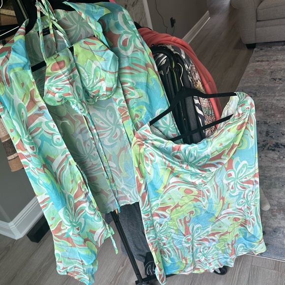 ASOS DESIGN: BLUE GREEN BROWN SATIN SKIRT/BRA, CHIFFON SHIRT SIZE 14 NEVER WORN - Picture 2 of 5